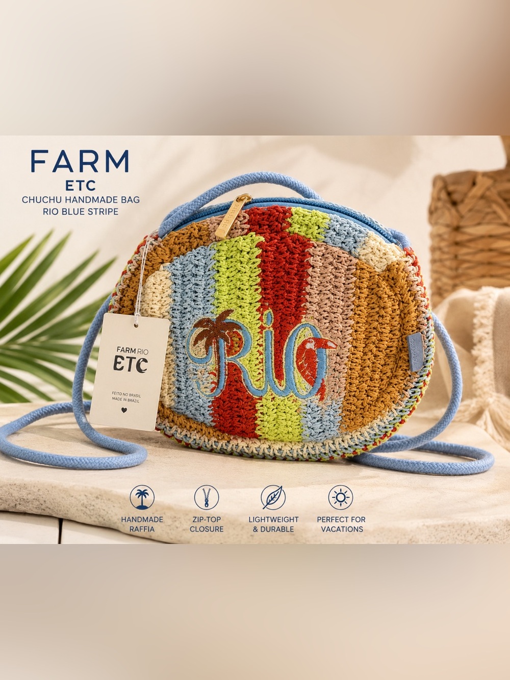 FARM ETC Chuchu Handmade Rio Blue Stripe Raffia Crossbody Bag NWT